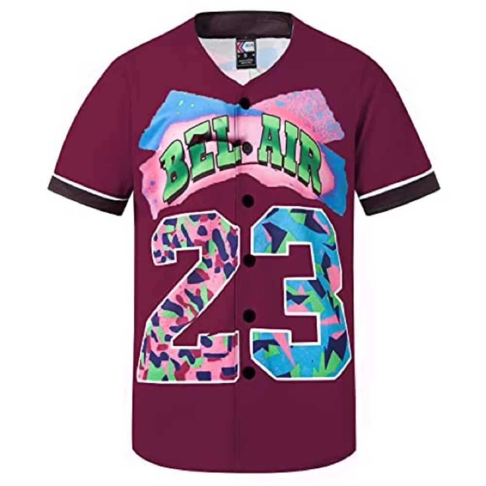 (A5) MOLPE Bel-Air‎ 23 Printed Baseball Jersey for Men & Women, Wine Red, NWT, L